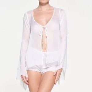 NWT Skims 100% Silk Sheer White Tie-Front Blouse Cami in Snow Size Large